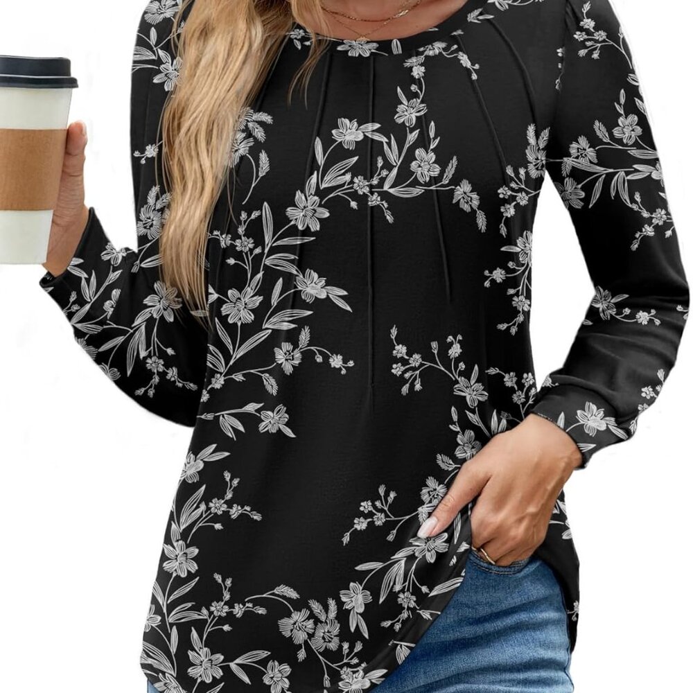 Womens Blouses Long Sleeve Tunic Tops Pleated Dressy Business Casual Crew Neck S